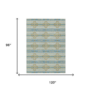 8 X 10 Teal Gold Tribal Polyester Washable Area Rug for Patio Porch or Living Room