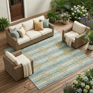 10 X 14 Teal Gold Tribal Polyester Area Rug Washable Stain Resistant Indoor Outdoor