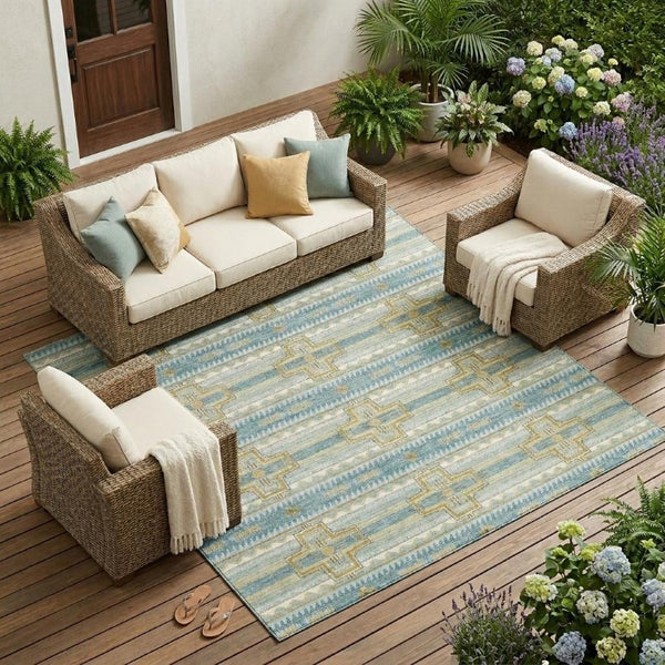 10 X 14 Teal Gold Tribal Polyester Area Rug Washable Stain Resistant Indoor Outdoor