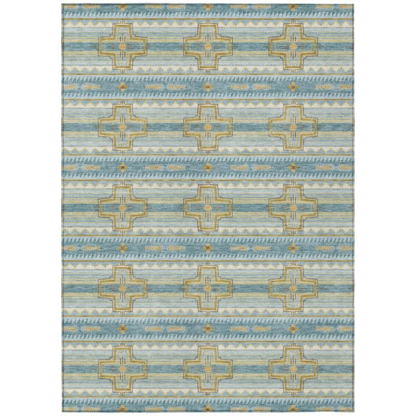HomeRoots 10 X 14 Teal Gold Tribal Polyester Area Rug Washable Stain Resistant Indoor Outdoor 736659