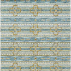 10 X 14 Teal Gold Tribal Polyester Area Rug Washable Stain Resistant Indoor Outdoor