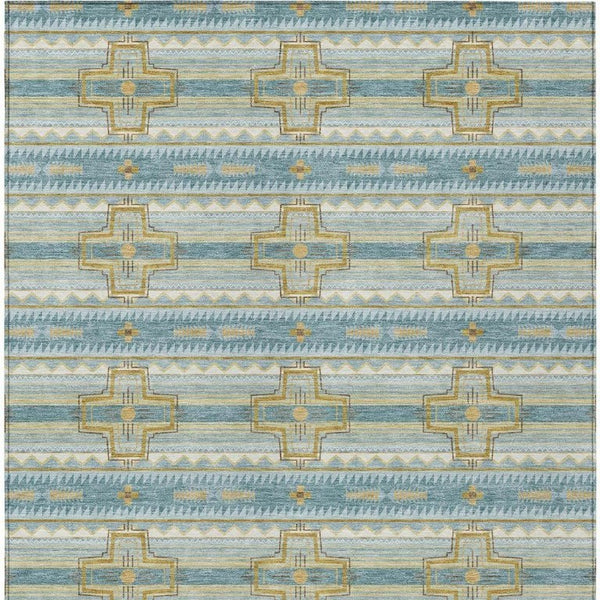10 X 14 Teal Gold Tribal Polyester Area Rug Washable Stain Resistant Indoor Outdoor
