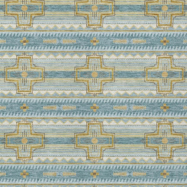 10 X 14 Teal Gold Tribal Polyester Area Rug Washable Stain Resistant Indoor Outdoor