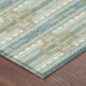 10 X 14 Teal Gold Tribal Polyester Area Rug Washable Stain Resistant Indoor Outdoor
