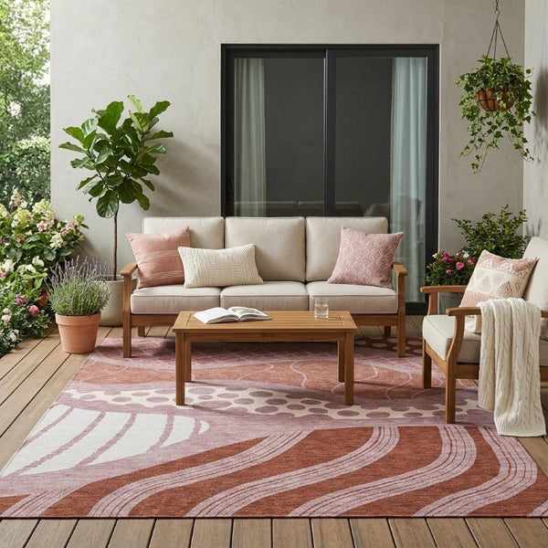 5 X 8 Blush Brown Abstract Polyester Washable Rug for Patio Porch or Living Room