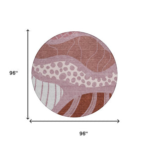 8 Foot Round Abstract Polyester Area Rug Washable Blush Brown Indoor Outdoor