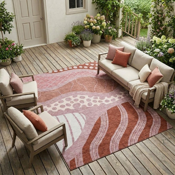 10 X 14 Abstract Blush Brown Washable Polyester Rug for Patio Porch Living Room