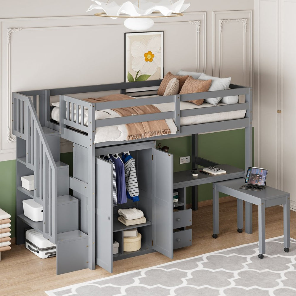 English Elm Queen Murphy Bed with Integrated Desk Cabinet Shelves Space Saving Studio Solution Gray N708S00013E