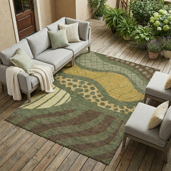 9 X 12 Abstract Olive Blue Polyester Area Rug Washable Stain Resistant Indoor Outdoor