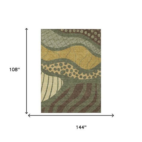 9 X 12 Abstract Olive Blue Polyester Area Rug Washable Stain Resistant Indoor Outdoor