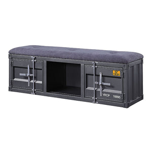 English Elm Grey Storage Bench with Gunmetal Iron Frame, Upholstered Seat, Locking Cabinet & Open Shelf for Entryway Organization and Secure Shoe Storage B062P189168