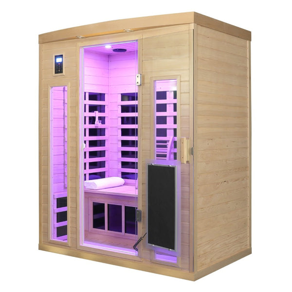 English Elm Low Emf Far Infrared Three Person Hemlock Sauna with Glass Door Heating Panels W632S00030