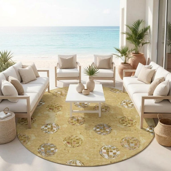 8 Foot Round Geometric Polyester Area Rug for Outdoor Patios and Indoor Living