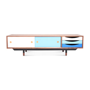 English Elm Finn Finn Juhl 1955 TV Cabinet Blue Walnut – Solid Wood MDF, Black Stainless Legs, Lacquered Drawers, 63” L x 20” W x 9” H B353S00002
