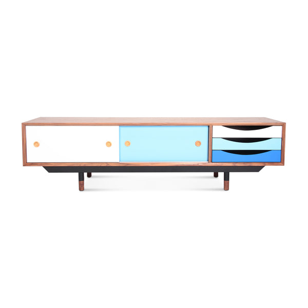 English Elm Finn Finn Juhl 1955 TV Cabinet Blue Walnut – Solid Wood MDF, Black Stainless Legs, Lacquered Drawers, 63” L x 20” W x 9” H B353S00002