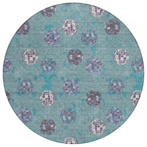 HomeRoots 8 Ft Round Geometric Polyester Area Rug Washable Teal Gray Indoor Outdoor Use 736734