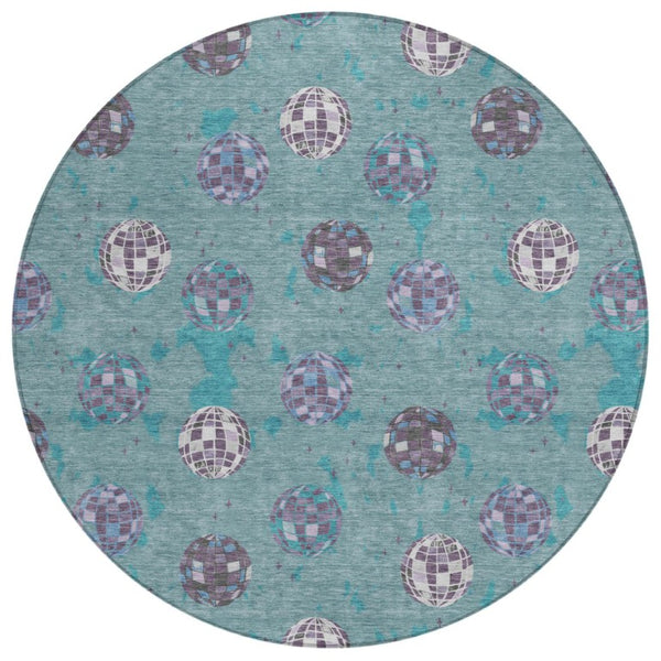 HomeRoots 8 Ft Round Geometric Polyester Area Rug Washable Teal Gray Indoor Outdoor Use 736734