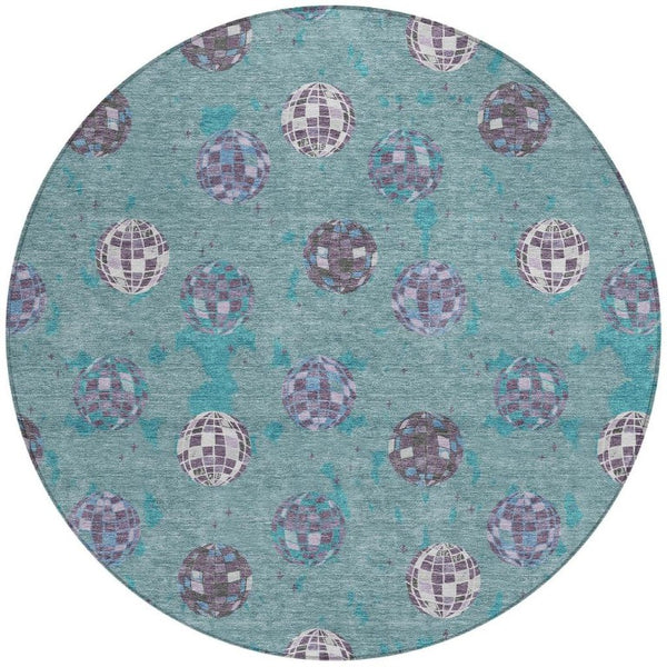 8 Ft Round Geometric Polyester Area Rug Washable Teal Gray Indoor Outdoor Use