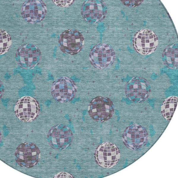 8 Ft Round Geometric Polyester Area Rug Washable Teal Gray Indoor Outdoor Use