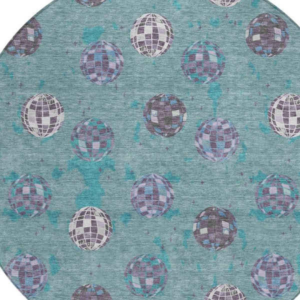 8 Ft Round Geometric Polyester Area Rug Washable Teal Gray Indoor Outdoor Use