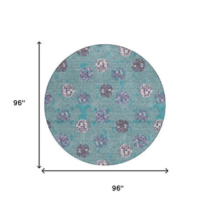 8 Ft Round Geometric Polyester Area Rug Washable Teal Gray Indoor Outdoor Use