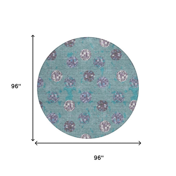 8 Ft Round Geometric Polyester Area Rug Washable Teal Gray Indoor Outdoor Use