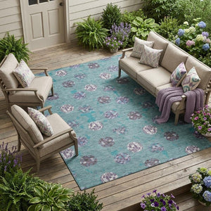 8 X 10 Geometric Teal Gray Polyester Area Rug Washable Stain Resistant Indoor Outdoor