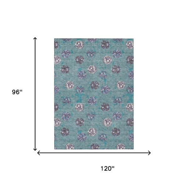 8 X 10 Geometric Teal Gray Polyester Area Rug Washable Stain Resistant Indoor Outdoor