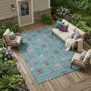 9 X 12 Geometric Polyester Area Rug Teal Gray Washable for Patio or Living Room