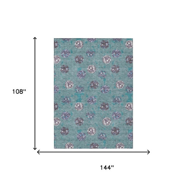 9 X 12 Geometric Polyester Area Rug Teal Gray Washable for Patio or Living Room