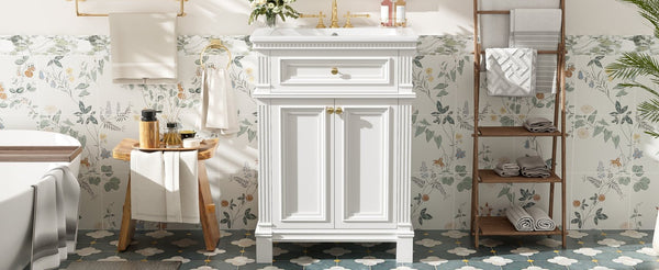 English Elm 24'' Carved Farmhouse Bathroom Vanity with Ceramic Sink Soft Close Storage Cabinet White N710P446530K