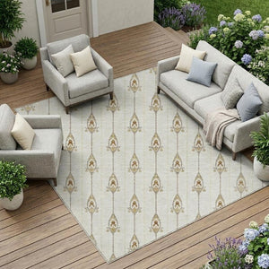 8 X 10 Ivory Brown Geometric Polyester Area Rug Washable Stain Resistant Indoor Outdoor