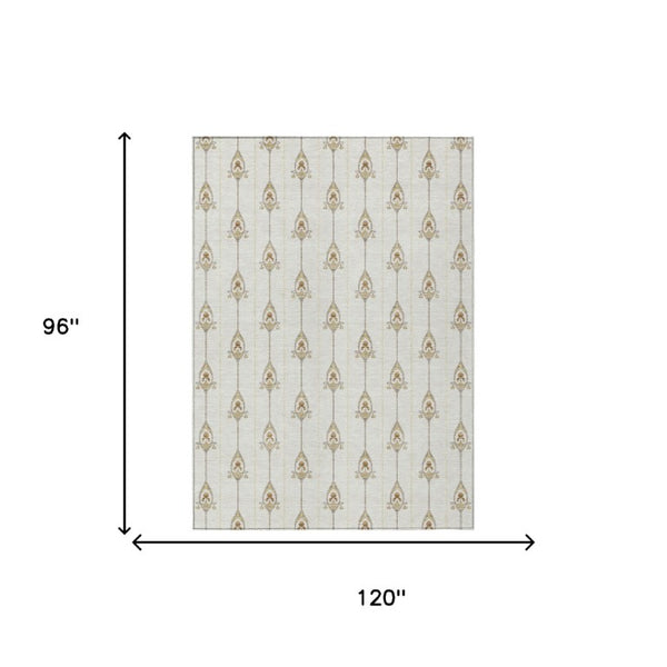 8 X 10 Ivory Brown Geometric Polyester Area Rug Washable Stain Resistant Indoor Outdoor