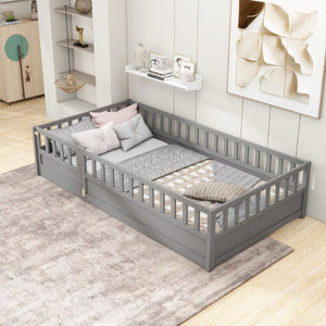 English Elm Twin Montessori Floor Bed With Safety Barrier & Easy-Swing Door - Sturdy Gray Wooden Frame For Kids W1858P164941-GIGA