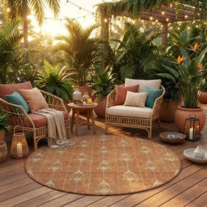 8 Ft Round Geometric Polyester Area Rug Washable Rust Linen Patio or Family Room