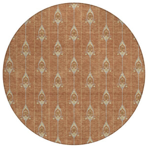 HomeRoots 8 Ft Round Geometric Polyester Area Rug Washable Rust Linen Patio or Family Room 736770