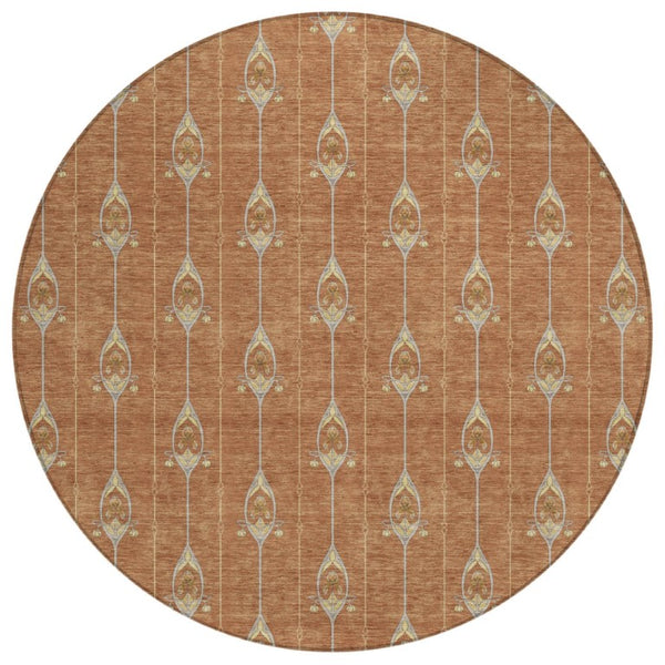 HomeRoots 8 Ft Round Geometric Polyester Area Rug Washable Rust Linen Patio or Family Room 736770