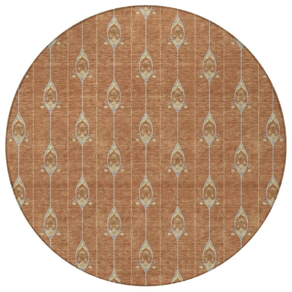 8 Ft Round Geometric Polyester Area Rug Washable Rust Linen Patio or Family Room