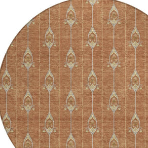 8 Ft Round Geometric Polyester Area Rug Washable Rust Linen Patio or Family Room