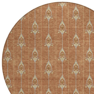 8 Ft Round Geometric Polyester Area Rug Washable Rust Linen Patio or Family Room