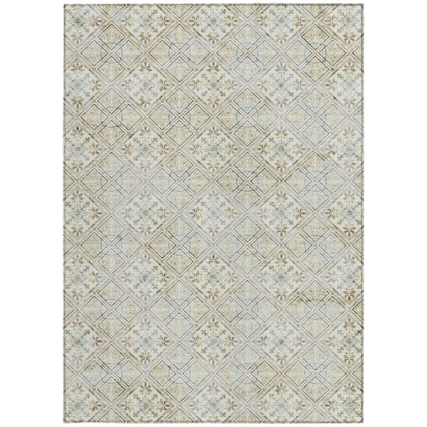 8 Ft X 10 Ft Ivory Blue Geometric Polyester Washable Rug for Patio and Living Room