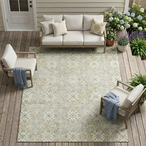 9x12 Ivory Blue Geometric Polyester Area Rug Washable for Indoor Outdoor Spaces