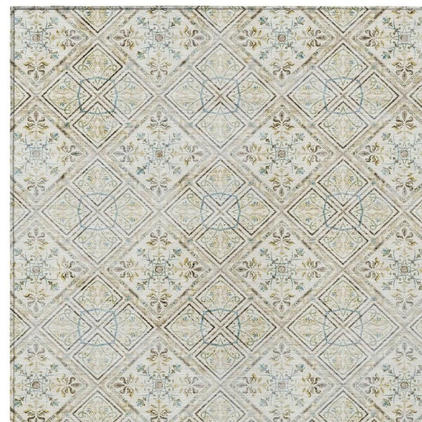 9x12 Ivory Blue Geometric Polyester Area Rug Washable for Indoor Outdoor Spaces