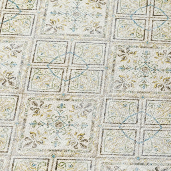 9x12 Ivory Blue Geometric Polyester Area Rug Washable for Indoor Outdoor Spaces
