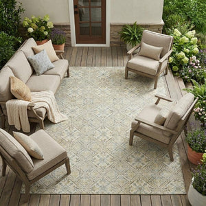 10 X 14 Ivory Blue Geometric Polyester Area Rug Washable for Indoor Outdoor Use