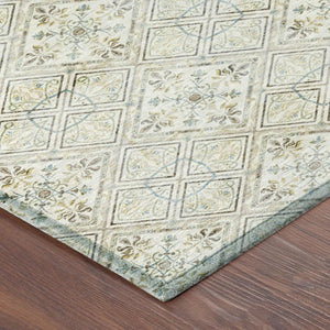 10 X 14 Ivory Blue Geometric Polyester Area Rug Washable for Indoor Outdoor Use