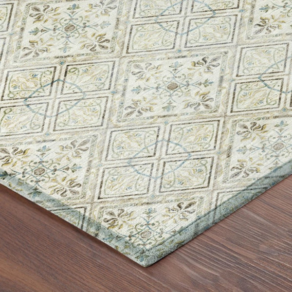 10 X 14 Ivory Blue Geometric Polyester Area Rug Washable for Indoor Outdoor Use