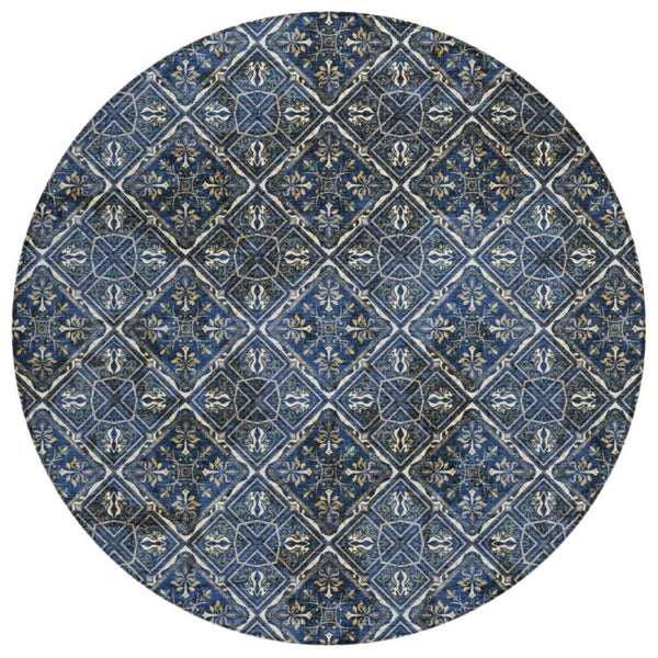 HomeRoots 8 Ft Round Geometric Polyester Area Rug Washable for Patio Porch Family Room 736800