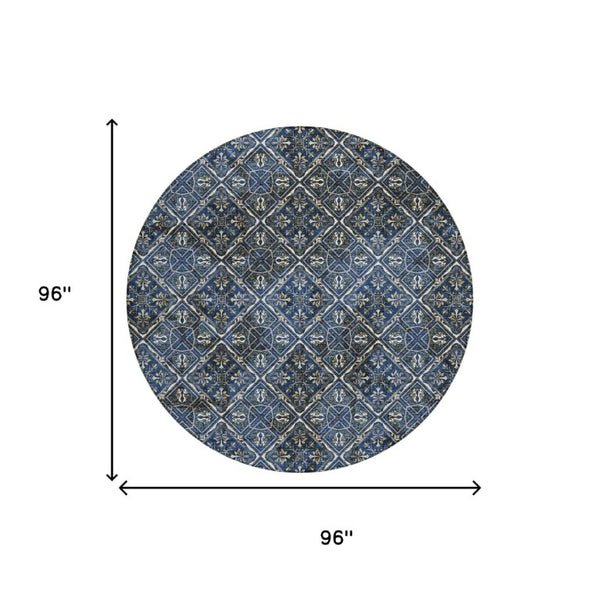8 Ft Round Geometric Polyester Area Rug Washable for Patio Porch Family Room