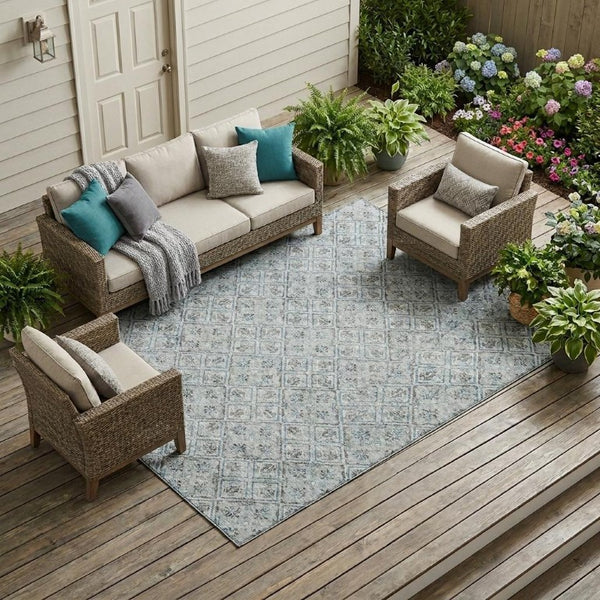 8 X 10 Silver Brown Geometric Polyester Area Rug Stain Resistant Indoor Outdoor Use